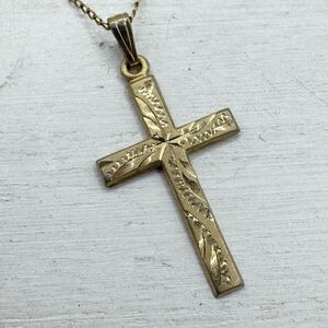 Antique Vintage DEC Art Deco Etched 14K Gold  Filled Cross Pendant Necklace 18”